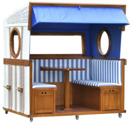 Gosch-Lounge Strandkorb 6-Sitzer Mahagoni PVC Weiss Dessin Blau/Weiss