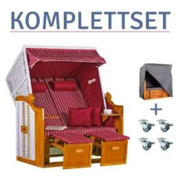 Strandkorb Baltic PE weiß Dessin Royal Rot-KOMPLETTSET